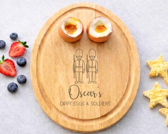 Personalised Breakfast Board, Wooden Dippy Eggs And Soldiers Plate