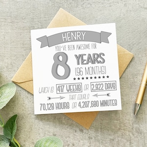 Carte d'anniversaire 8 ans, carte 8e anniversaire, carte d'anniversaire personnalisée, carte de durée, carte 8 ans, rose gris, bleu, pour les filles, pour garçon