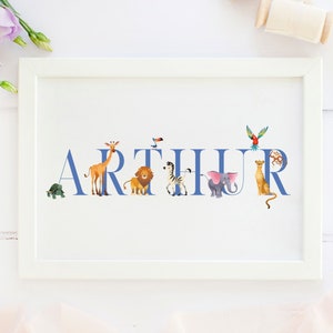 Personalised New Baby Gift, Zoo animals, New Baby Name Print, Zoo Animals Themed Nursery, Personalised Print For Nursery, Baby Boy,