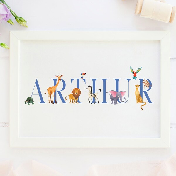 Personalised New Baby Gift, Zoo animals, New Baby Name Print, Zoo Animals Themed Nursery, Personalised Print For Nursery, Baby Boy,