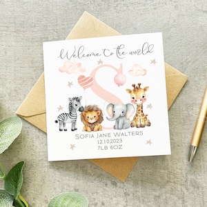 Carte personnalisée pour nouvelle fille, carte pour nouveau bébé Safari Animals, carte pour bébé fille, carte pour nouveau bébé animaux, carte de détails de naissance