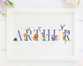 Personalised New Baby Gift, Zoo animals, New Baby Name Print, Zoo Animals Themed Nursery, Personalised Print For Nursery, Baby Boy,