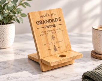 Grandad's Phone Stand, Useful Gift For Grandad, Wooden Engraved Phone Charging Stand, From Grandchildren