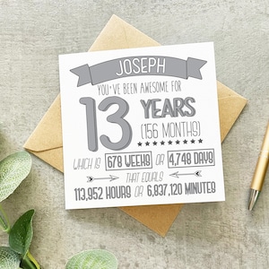 Carte d'anniversaire 13 ans, Carte de 13 ans, Carte d'anniversaire personnalisée, Carte de la durée, Carte de 13 ans, Carte de faits de 13 ans