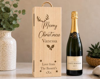 Personalised Christmas Whisky Bottle Box, Engraved Wooden Champagne Wine Bottle Box, Keepsake For Her