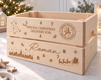 Personalised Children's Christmas Eve Box, Wooden Christmas Crate, Engraved Wood Xmas Tradition