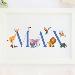 Personalised New Baby Gift, Zoo animals, New Baby Name Print, Zoo Animals Themed Nursery, Personalised Print For Nursery, Baby Boy, image 8