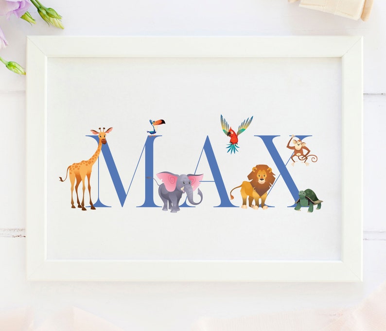 Personalised New Baby Gift, Zoo animals, New Baby Name Print, Zoo Animals Themed Nursery, Personalised Print For Nursery, Baby Boy, image 8