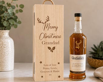 Personalised Christmas Whisky Bottle Box, Engraved Wooden Champagne Wine Bottle Box, Keepsake For Grandad