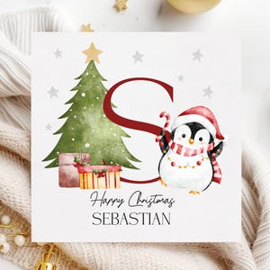 Carte de Noël personnalisée pour enfants, Carte de Noël pour garçons, Carte de Noël personnalisée pour filles, Carte de Noël pour enfants, Carte de pingouin, Prénom Noël
