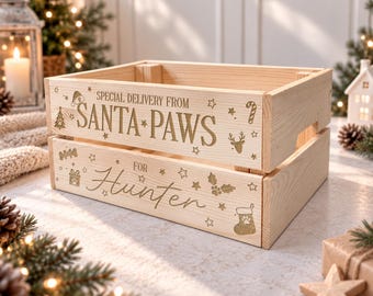 Santa Paws Dog Christmas Eve Crate, Wooden Doggy Christmas Eve Box, Engraved Wood Xmas Tradition For Puppy