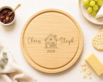 Personalised New Home Gift, Housewarming Present For First Home, Engraved Wooden Chopping Board With Names And Year