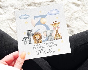 Personalised Godson 3rd Birthday Card, Godson 1st Birthday, 2nd Birthday, Safari Animals