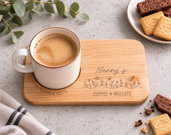 Personalised Wildflower  Nanny's Coffee And Biscuits Board, Engraved Wooden Biscuit Tray,  Christmas Gift For Nanny