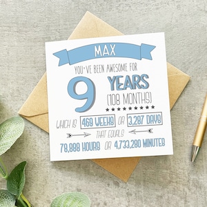 Carte d'anniversaire de 9 ans, Carte de 9 ans, Carte d'anniversaire personnalisée, Carte de la durée, Carte de 9 ans, Carte faits et chiffres, Temps écoulé