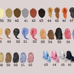 May include: A chart of 66 different hair styles, including blonde, brown, black, red, and gray hair. The hair styles are numbered 38 through 66.