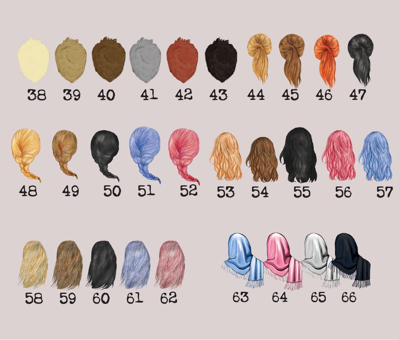 May include: A chart of 66 different hair styles, including blonde, brown, black, red, and gray hair. The hair styles are numbered 38 through 66.