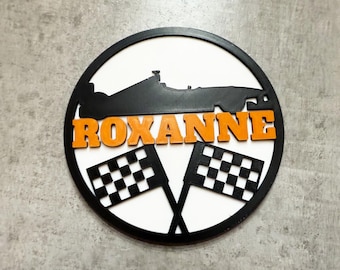 Personalised Racing Car Bedroom Sign, Race Car Wall Art, Car Bedroom, Childrens Room, Car Door Sign, Chequered Flags, Race Car Room