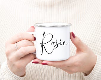 Personalised Enamel Mug, Camping Mug, Name Mug, Bridesmaid Gift, Festival Lover, Gift For Her, Black & White, Camping Gifts, Durable Mug,