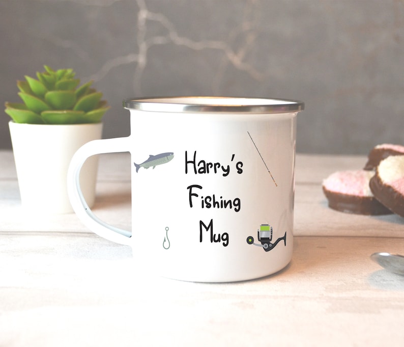 fishing mug made from premier-quality Metal, print your own message, fishing rod image, fish image, fishing hook image with the highest quality ink