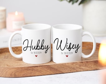 Hubby And Wifey Mugs, Personalised Wedding Gift, Mr & Mrs Mug Set, Matching Husband And Wife Mugs, Anniversary Present For Them, Keepsake