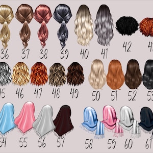 K&ouml;nnte beinhalten: Ein Diagramm mit 61 verschiedenen Frisuren f&uuml;r Frauen. Die Frisuren sind von 36 bis 61 nummeriert. Die Frisuren sind alle in verschiedenen Farben und Stilen.