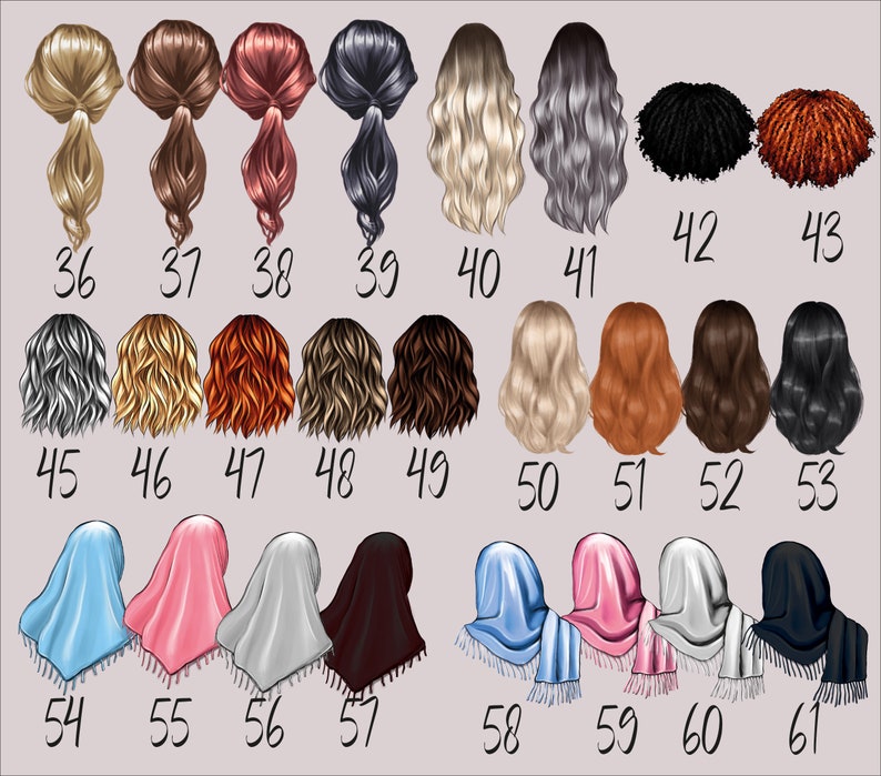 K&ouml;nnte beinhalten: Ein Diagramm mit 61 verschiedenen Frisuren f&uuml;r Frauen. Die Frisuren sind von 36 bis 61 nummeriert. Die Frisuren sind alle in verschiedenen Farben und Stilen.