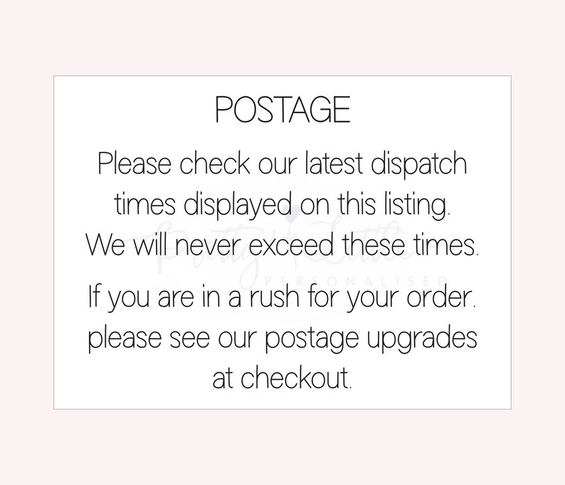 Pu&ograve; includere: Testo su sfondo bianco che recita "POSTAGE" seguito da "Si prega di controllare i nostri ultimi tempi di spedizione visualizzati in questo elenco. Non supereremo mai questi tempi. Se hai fretta per il tuo ordine, consulta i nostri aggiornamenti di spedizione al checkout."