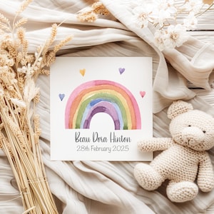 Carte personnalisée nouveau bébé, carte nouveau bébé arc-en-ciel, bébé arc-en-ciel, carte baby shower, carte bébé unisexe, nouveau bébé personnalisé, carte aquarelle
