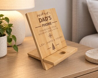 Dad's Phone Stand, Useful Gift For Dad, Wooden Engraved Phone Charging Stand, From Children