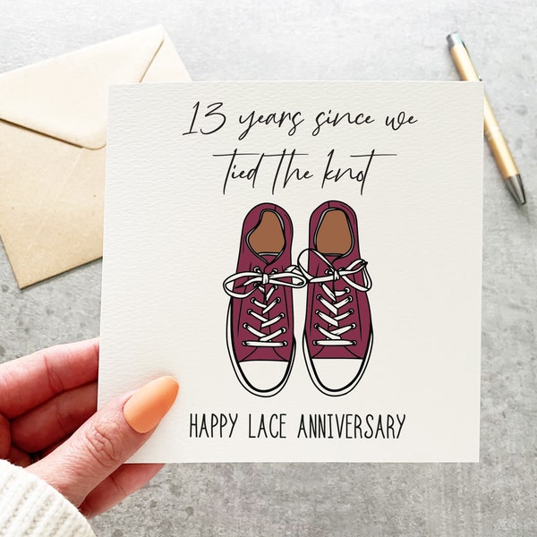 Tarjeta de aniversario de 13 años, tarjeta de aniversario de encaje, aniversario de cordones, tarjeta de aniversario tradicional, aniversario de 13 años, tarjeta de juego de palabras divertida