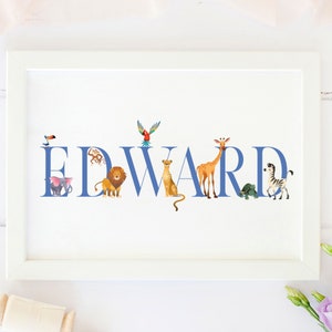 Personalised New Baby Gift, Zoo animals, New Baby Name Print, Zoo Animals Themed Nursery, Personalised Print For Nursery, Baby Boy, image 6