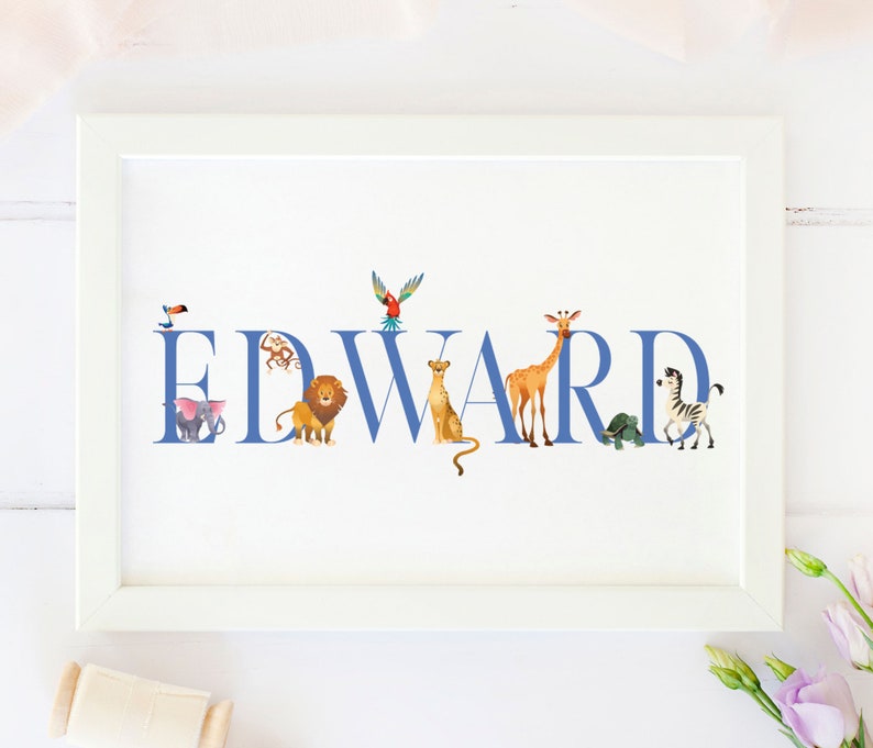 Personalised New Baby Gift, Zoo animals, New Baby Name Print, Zoo Animals Themed Nursery, Personalised Print For Nursery, Baby Boy, image 6