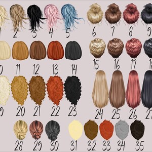 K&ouml;nnte beinhalten: Eine Tabelle mit 35 verschiedenen Frisuren f&uuml;r Frauen. Die Frisuren sind von 1 bis 35 nummeriert. Die Frisuren sind in verschiedenen Farben, darunter blond, braun, rot, schwarz und blau.