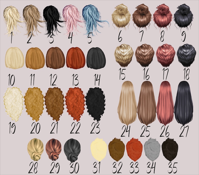 K&ouml;nnte beinhalten: Eine Tabelle mit 35 verschiedenen Frisuren f&uuml;r Frauen. Die Frisuren sind von 1 bis 35 nummeriert. Die Frisuren sind in verschiedenen Farben, darunter blond, braun, rot, schwarz und blau.