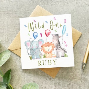 Carte d'anniversaire Wild One, carte 1er anniversaire personnalisée, carte d'anniversaire d'enfant, animaux de la jungle, carte souvenir 1er anniversaire, carte animaux