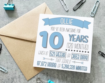 10 Years Birthday Card, 10th Birthday Card, Personalised Birthday Card, Length Of Time Card, 10 Years Card, 10th Birthday For Grandson, Son