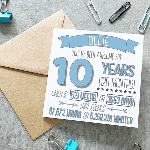 10 Years Birthday Card, 10th Birthday Card, Personalised Birthday Card, Length Of Time Card, 10 Years Card, 10th Birthday For Grandson, Son