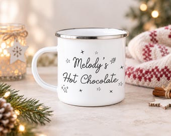 Personalised Hot Chocolate Mug, Christmas Eve Cup For Children, Enamel Metal