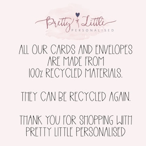 This photo describes how the cards and envelopes are made with 100% recycled materials.