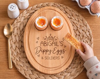 Personalised Girls Breakfast Board, Wooden Dippy Eggs And Soldiers Board, Egg Cup, Princess Egg Board