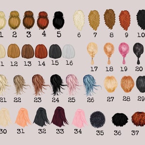 May include: A chart of 37 different hairstyles, numbered 1 through 37. Each hairstyle is a different color and style, including blonde, brown, red, black, pink, blue, and gray.