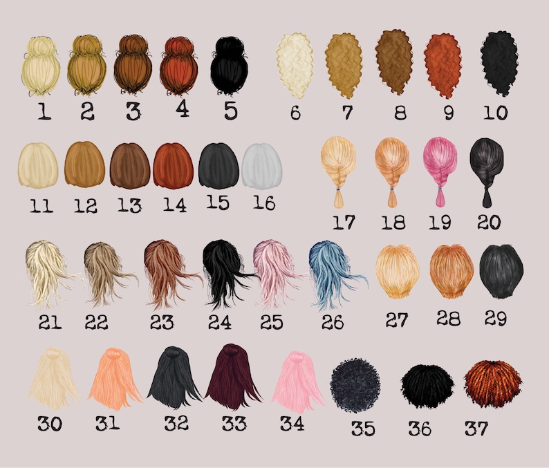 May include: A chart of 37 different hairstyles, numbered 1 through 37. Each hairstyle is a different color and style, including blonde, brown, red, black, pink, blue, and gray.