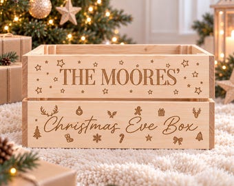 Personalised Family Christmas Eve Box, Wooden Christmas Crate, Engraved Wood Xmas Tradition