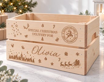 Wooden Children's Christmas Eve Crate, Personalised Christmas Box, Engraved Wood Xmas Tradition