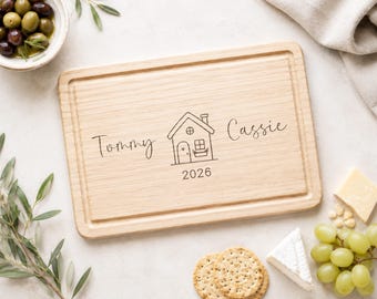 Personalised Housewarming Present, New Home Gift, Engraved Wooden Chopping Board With Names And Year