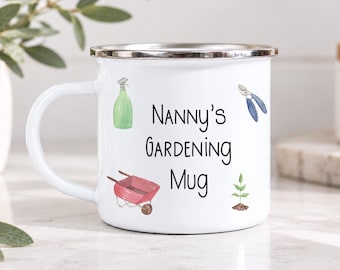 Nanny's Gardening Mug, Personalised Garden Cup, Enamel Mug For Nanny, Metal Allotment Drink