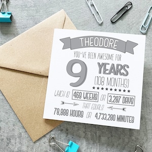 Carte d'anniversaire de 9 ans, 9e anniversaire, carte d'anniversaire personnalisée, carte de la durée, carte de 9 ans, gris rose, bleu, pour fille, pour garçon