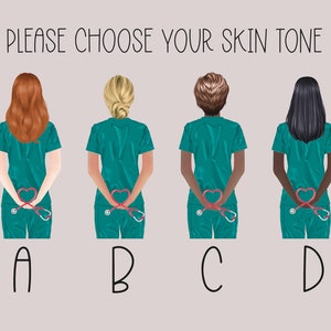 K&ouml;nnte beinhalten: Vier Illustrationen von Krankenschwestern mit unterschiedlichen Hautt&ouml;nen, die t&uuml;rkisfarbene Scrubs tragen und einen Stethoskop in Form eines Herzens hinter dem R&uuml;cken halten. Die Krankenschwestern sind mit A, B, C und D gekennzeichnet.
