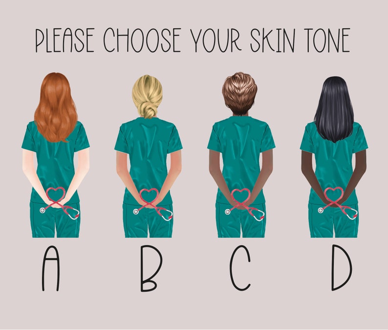 K&ouml;nnte beinhalten: Vier Illustrationen von Krankenschwestern mit unterschiedlichen Hautt&ouml;nen, die t&uuml;rkisfarbene Scrubs tragen und einen Stethoskop in Form eines Herzens hinter dem R&uuml;cken halten. Die Krankenschwestern sind mit A, B, C und D gekennzeichnet.
